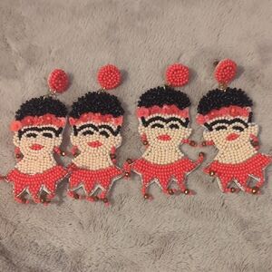 Beaded Frida Kahlo Earrings - Red and Black Two Pairs for the price of one!